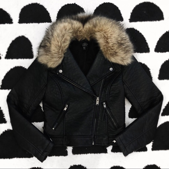 Topshop Jackets & Blazers - Topshop black faux leather jacket fur hood